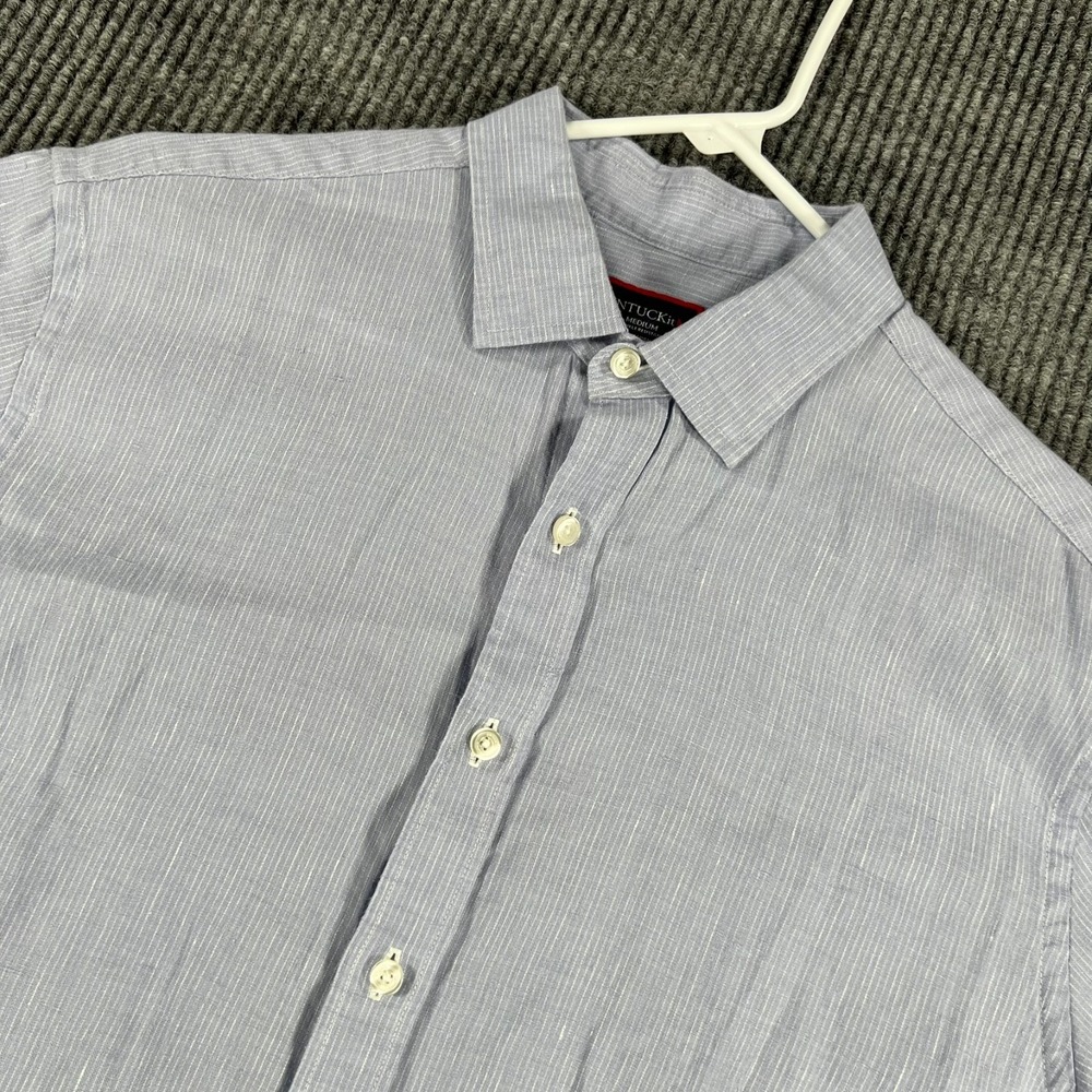 UNTUCKit Shirt Mens Medium Blue Striped Short Sleeve Button Up Linen Somotano